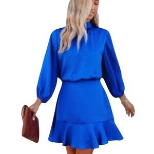 VICI Cobalt Blue Mini Dress Long Sleeve‎ Mock Neck Bow Tie Medium